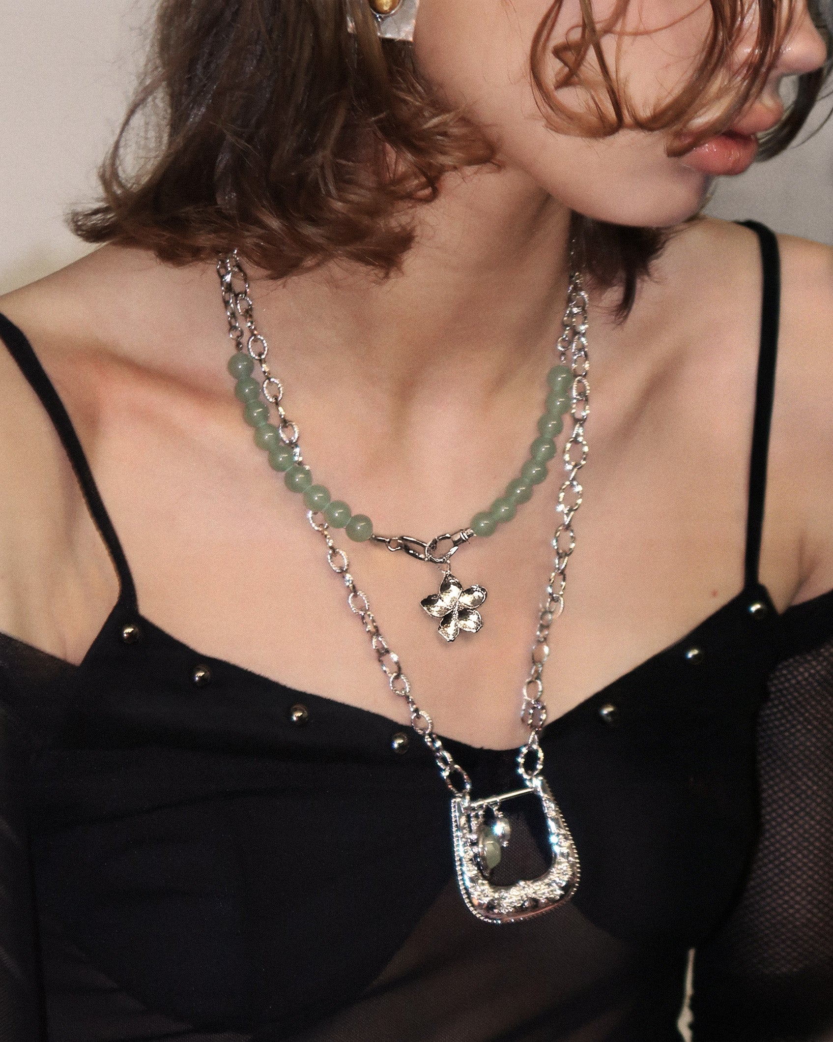 Green Aventurine Beaded Necklace with Charm Holder Clasp - Image 2