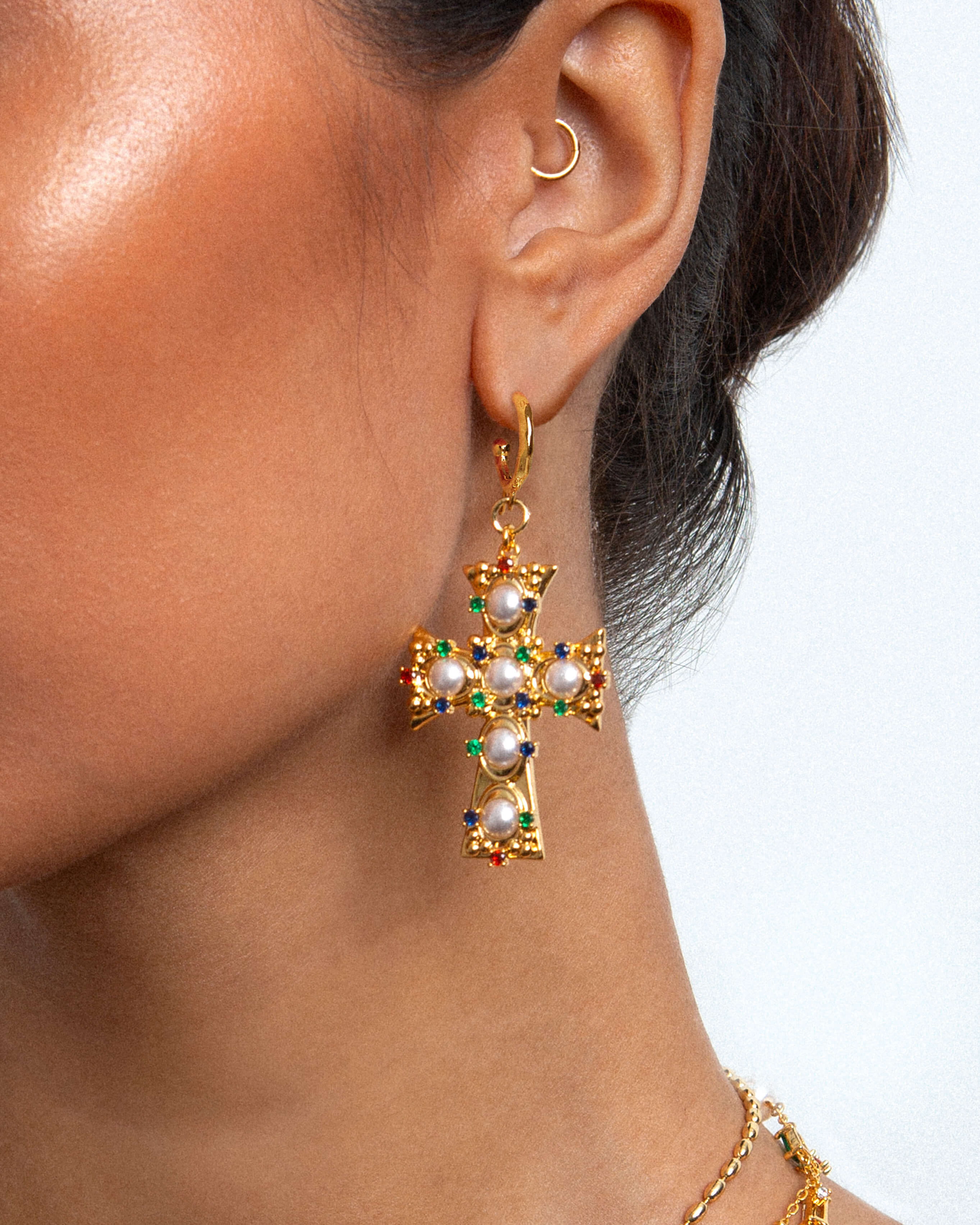 Lover of Helius Pearl Cross Earrings - Image 2