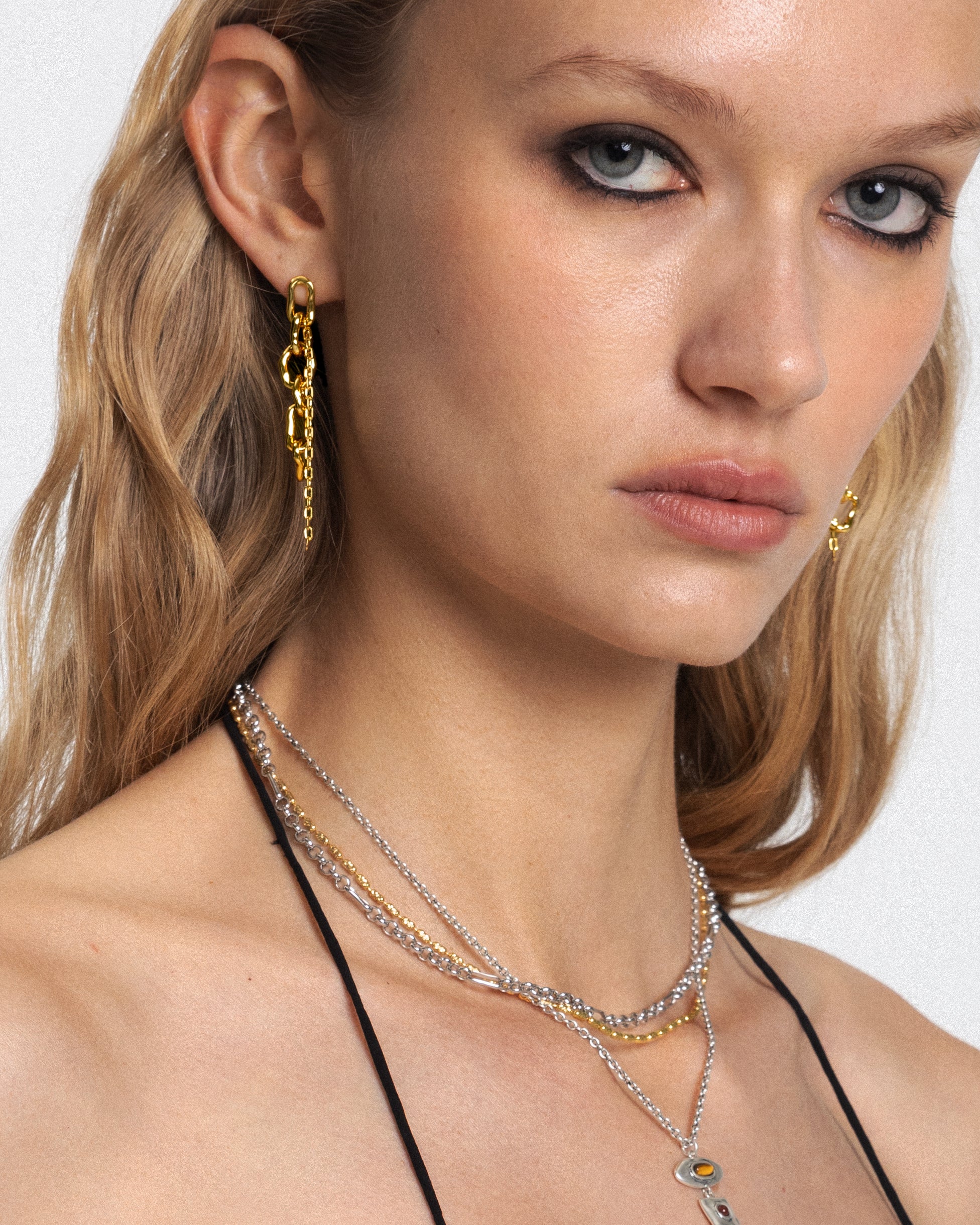Molten Dual Chain Drop Earrings in Gold - Image 3